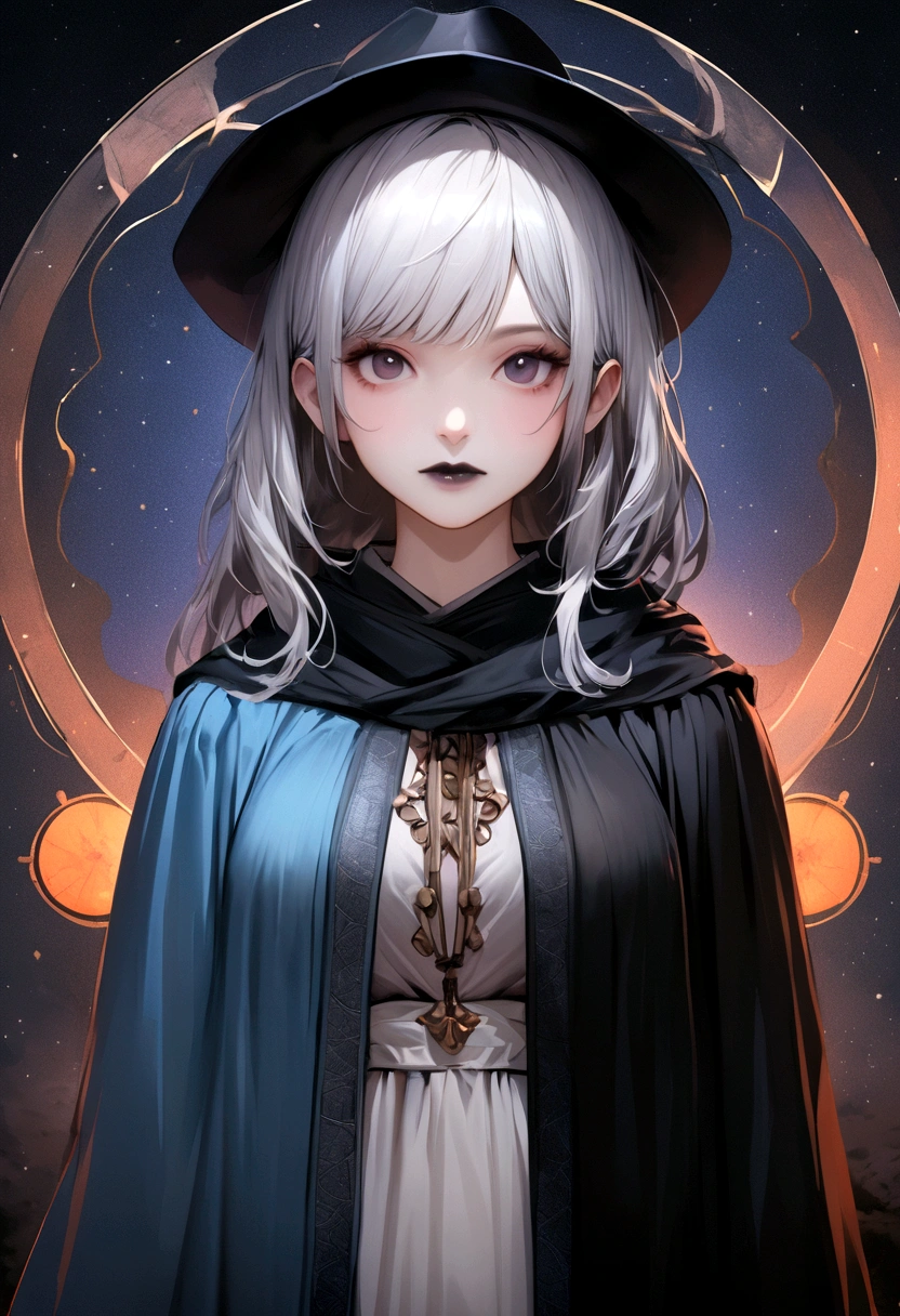 In this prompt, we will generate a detailed image of a girl wearing a poncho with short, silver hair. She has a gothic makeup look, with black lipstick, and is wearing a cowboy hat. She is also wearing a scarf and garami, a traditional Japanese garment. The girl has a tomboyish style and is standing upright. The image should showcase her full body and emphasize her medium-sized breasts.

For the image quality, we want the best quality, with a resolution of 4k or 8k. It should be ultra-detailed and realistic, with professional-level rendering. The colors should be vivid, and the lighting should create a studio-like atmosphere. The image should have sharp focus and use physically-based rendering techniques to enhance the overall effect. Additionally, we can incorporate a bokeh effect in the background.

To enhance the artistic style of the image, we will incorporate elements of the portrait genre, with a touch of the gothic aesthetic. The color palette should convey a darker tone, with a focus on cooler shades such as blue and purple.

Remember to use commas to separate the tags and maintain the correct order of importance. Make sure to use the correct punctuation and formatting rules when generating the prompt