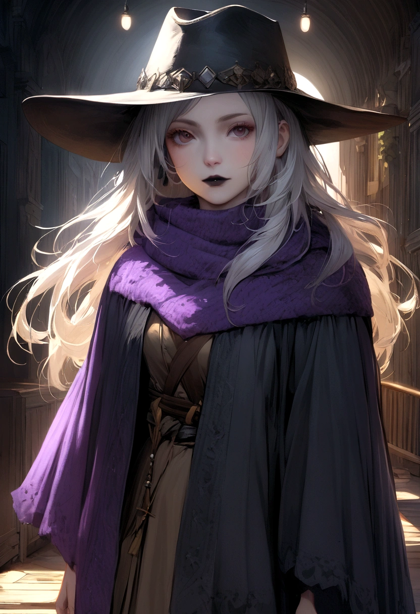 In this prompt, we will generate a detailed image of a girl wearing a poncho with short, silver hair. She has a gothic makeup look, with black lipstick, and is wearing a cowboy hat. She is also wearing a scarf and garami, a traditional Japanese garment. The girl has a tomboyish style and is standing upright. The image should showcase her full body and emphasize her medium-sized breasts.

For the image quality, we want the best quality, with a resolution of 4k or 8k. It should be ultra-detailed and realistic, with professional-level rendering. The colors should be vivid, and the lighting should create a studio-like atmosphere. The image should have sharp focus and use physically-based rendering techniques to enhance the overall effect. Additionally, we can incorporate a bokeh effect in the background.

To enhance the artistic style of the image, we will incorporate elements of the portrait genre, with a touch of the gothic aesthetic. The color palette should convey a darker tone, with a focus on cooler shades such as blue and purple.

Remember to use commas to separate the tags and maintain the correct order of importance. Make sure to use the correct punctuation and formatting rules when generating the prompt