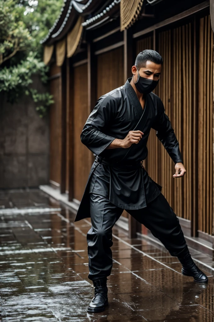 Genera un ninja  bajo la lluvia  de rodillas
