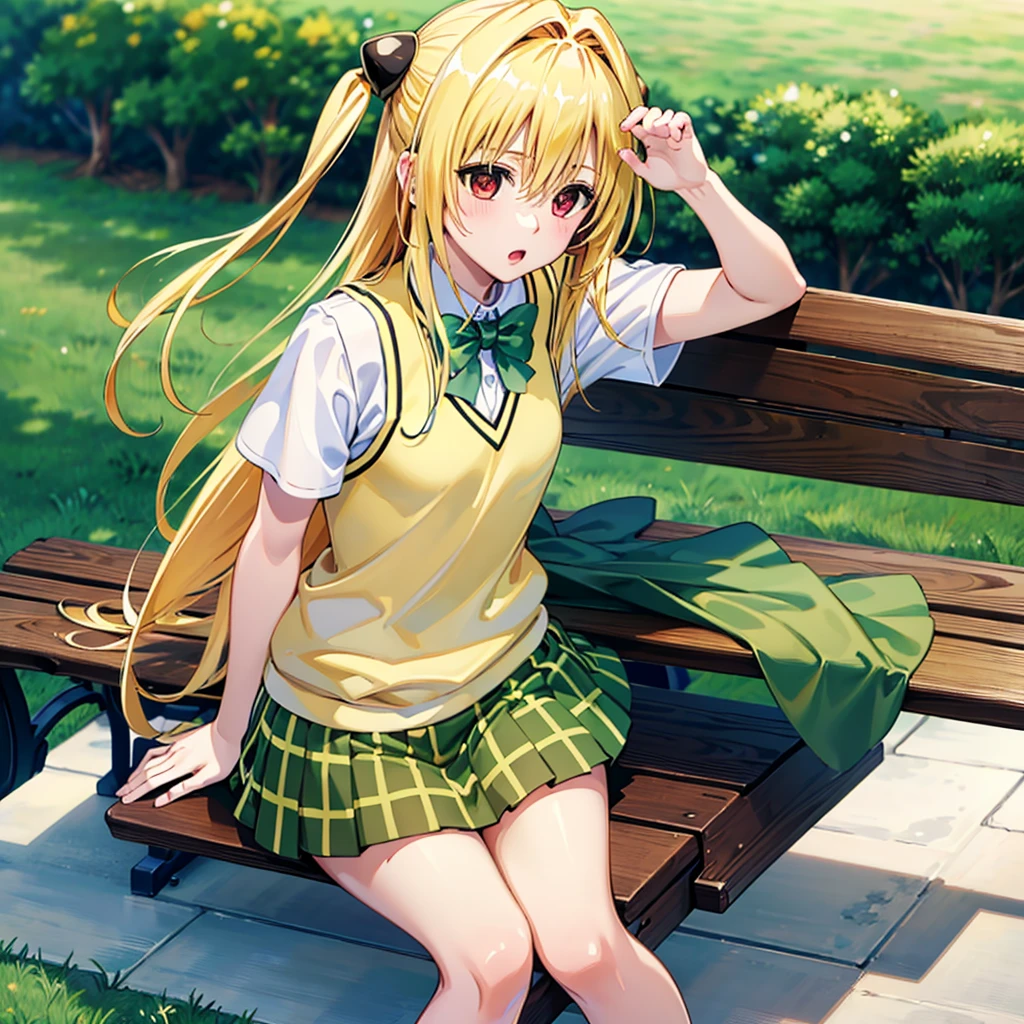 masterpiece, best quality, highres, aayami, very long hair, two side up, hair ornament, , green bowtie, white shirt, sweater vest, yellow vest, short sleeves, plaid skirt, green skirt, outdoors, sitting, bench, book, :o, holding book,