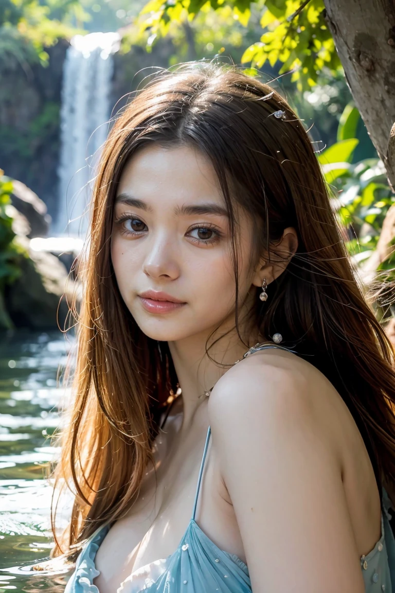 (best quality,ultra-detailed),beautiful detailed eyes,beautiful detailed lips,long eyelashes,girl,fairy,sparkling blue water,ethereal beauty,flowing dress,cascading waterfalls,serene expression,soft and dreamy lighting,water reflections,soft and pastel colors,water droplets on skin,subtle and magical atmosphere,mythical creature,magical powers,floating in midair,graceful movements,enchanted forest background,natural and organic elements,fantasy artwork,unreal and mesmerizing,majestic presence,harmonious and peaceful.