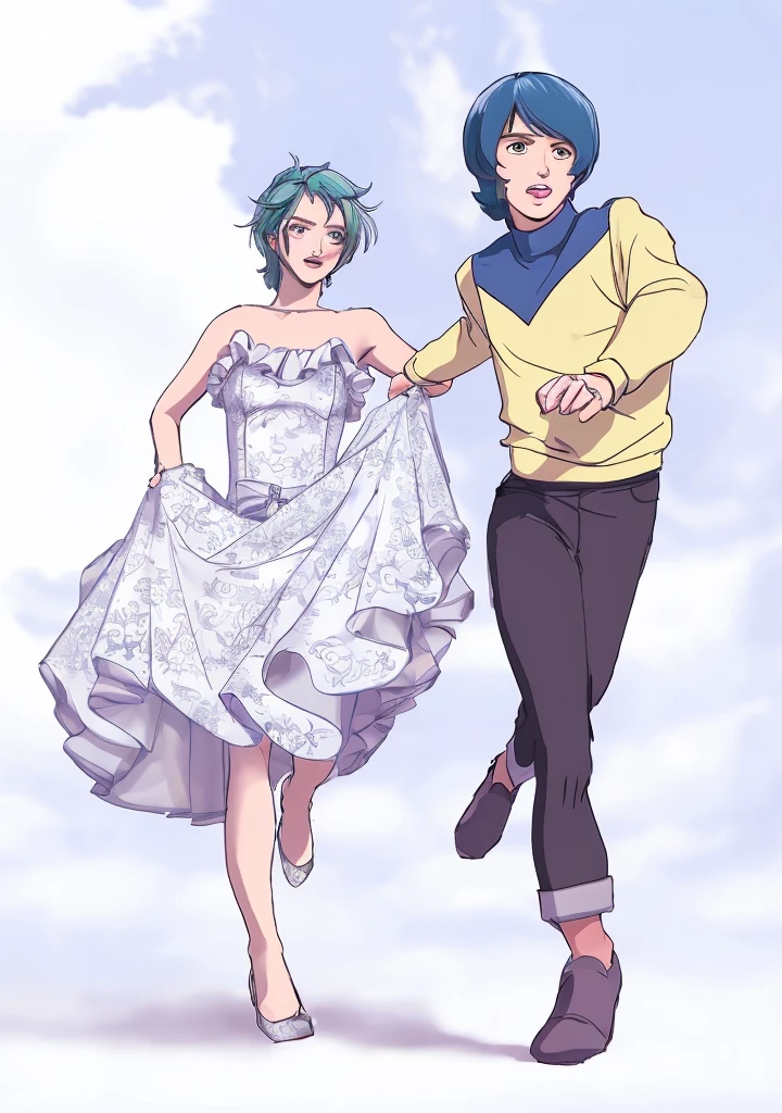 A 17-year-old girl with short lime green hair wearing a silver dress、A 17-year-old boy with medium-length blue and gray hair