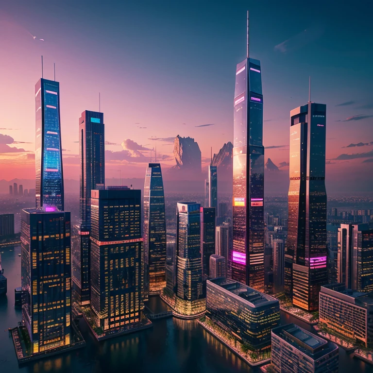 Draw a futuristic city at sunset, tall glass and steel skyscrapers, floating platforms, air vehicles, mountains on the horizon, sky in pink-orange-violet tones, neon lights, atmosphere of the future
