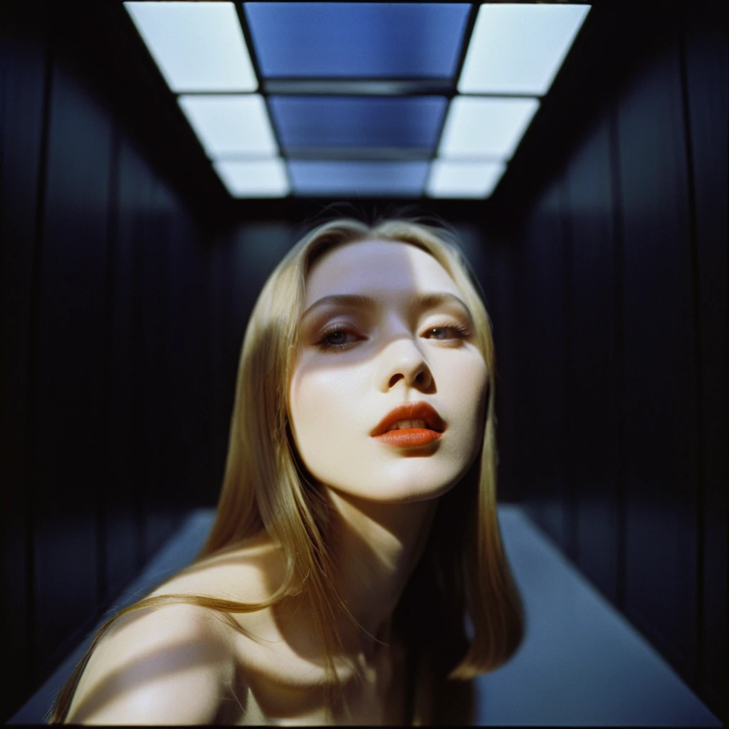 Photograph by Serge Lutens (1.8), pale skin, evil slavic woman, long dark blond hair, in profile, wide angle dim atmosphere, stunning, modern, dark, clean, artsy indoor surrounding, casting a dreamlike atmosphere eyes reflect some light, Shiseido-style Vogue-Style 1990s style and setting Various gentle half body poses and angles Consistent facial and body features Photorealistic and highly detailed Artistic and evocative High-quality finish Ensuring vibrant, detailed features Technical details: wide angle lens Selective focus with Kodak film effect: 1.2 Shallow depths of field