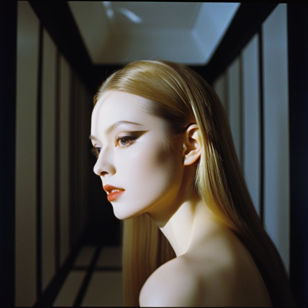 Photograph by Serge Lutens (1.8), pale skin, evil slavic woman, long dark blond hair, in profile, wide angle dim atmosphere, stunning, modern, dark, clean, artsy indoor surrounding, casting a dreamlike atmosphere eyes reflect some light, Shiseido-style Vogue-Style 1990s style and setting Various gentle half body poses and angles Consistent facial and body features Photorealistic and highly detailed Artistic and evocative High-quality finish Ensuring vibrant, detailed features Technical details: wide angle lens Selective focus with Kodak film effect: 1.2 Shallow depths of field