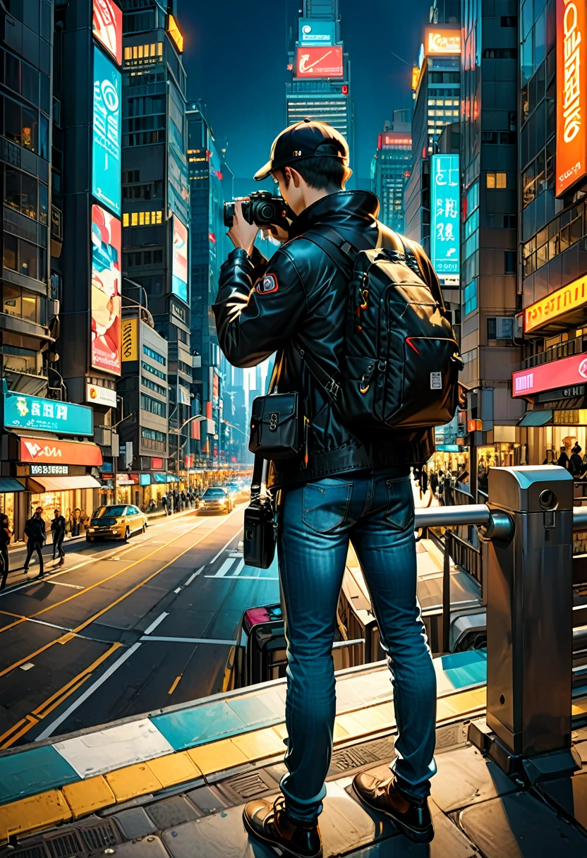 (Back View:1.2), The observer of the city, the bustling city center, towering skyscrapers rising from the ground, bustling with traffic, surging crowds, and flashing neon lights, constitute a busy picture of a modern city. A photographer with a camera on his back, wearing a fashionable jacket and jeans, stood on the overpass, holding a camera in his hand, and his camera was aimed at the street below. He constantly adjusts his angle, searching for the best shooting opportunity, hoping to capture the most realistic and vivid moments of this city. His gaze revealed a love and pursuit for the art of photography, (masterpiece, best quality, Professional, perfect composition, very aesthetic, absurdres, ultra-detailed, intricate details:1.3)