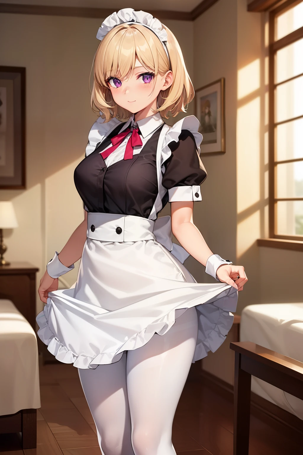 (Tabletop, highest quality, Super detailed), One Girl, Purple eyes, Blonde Hair, Dark Skin, Short Hair、Perm Hair、((White Pantyhose))、(Bedroom)、((Maid clothes))、Long skirt、((Pantieedium chest