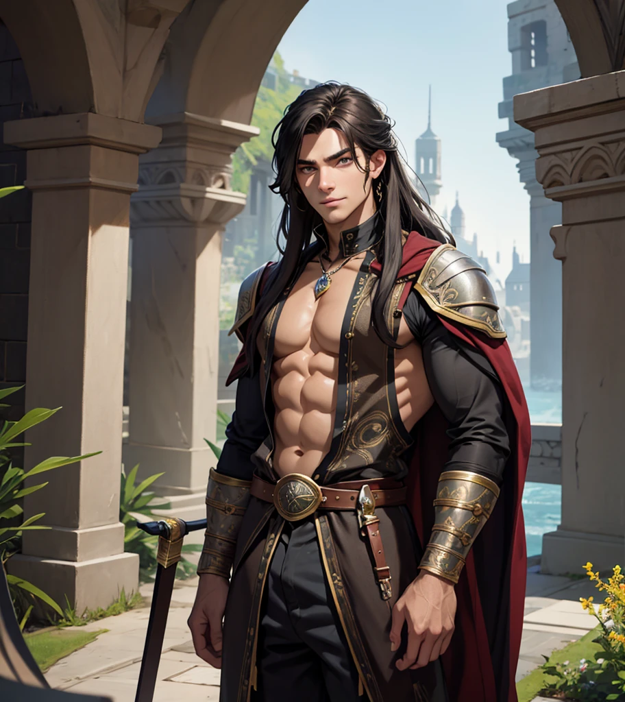 (((Solo character image.))) (((Generate a single character image.))) (((Dressed in medieval fantasy attire.))) (((18 years old.))) (((18yo.))) (((Dressed in medieval fantasy attire.))) (((Body of a male fitness model.))) Cute guy. Hot guy. (((Looks like Adonis.))) (((Dressed in medieval fantasy attire.))) (((Intense, sexy stare.))) (((Beautiful long sexy hair.))) Looks like a fun-loving and heroic male adventurer for Dungeons & Dragons. Looks like a very attractive male adventurer for a high fantasy setting. Looks like a handsome and rugged male adventurer for Dungeons & Dragons. Looks like a handsome male for a medieval fantasy setting. Looks like a Dungeons & Dragons adventurer, very cool and masculine hair style, black clothing, handsome, charming smile, adventurer, athletic build, excellent physique, confident, gorgeous face, gorgeous body, detailed and intricate, fantasy setting,fantasy art, dungeons & dragons, fantasy adventurer, fantasy NPC, attractive male in his mid 20's, ultra detailed, epic masterpiece, ultra detailed, intricate details, digital art, unreal engine, 8k, ultra HD, centered image award winning, fantasy art concept, digital art, centered image, flirting with viewer, best quality:1.0,hyperealistic:1.0,photorealistic:1.0,madly detailed CG unity 8k wallpaper:1.0,masterpiece:1.3,madly detailed photo:1.2, hyper-realistic lifelike texture:1.4, picture-perfect:1.0,8k, HQ,best quality:1.0,, best quality:1.0,hyperealistic:1.0,photorealistic:1.0,madly detailed CG unity 8k wallpaper:1.0,masterpiece:1.3,madly detailed photo:1.2, hyper-realistic lifelike texture:1.4, picture-perfect:1.0,8k, HQ,best quality:1.0,