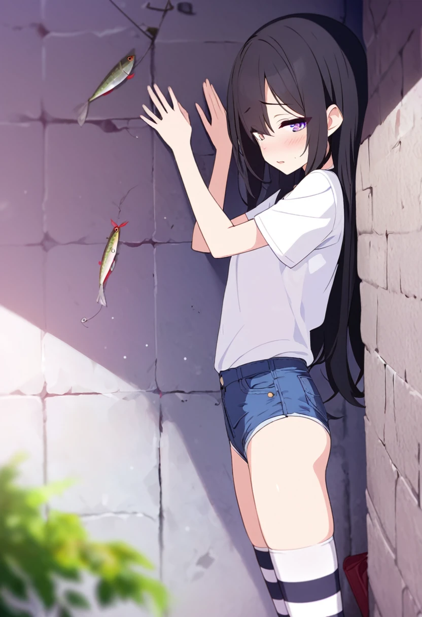  Black Hair, Long Hair, Cute Hips, lure, ,(Cotton shirt、hot pants、Striped thigh-high stockings), (Turn around and put your hands on the wall), Bend、nsfw、BREAK Perfect Anatomy、highest quality、(cute:1.1)、(cute)、(High resolution:1.2)、Unbelievably absurd:1.3、Incredible illustrations、(cuteイラスト:1.2)、Beautiful background、(1 girl) 、solo)、(10th Generation、JK、、Small breasts:1.2)、slender、、、、Eye highlights、embarrassed
