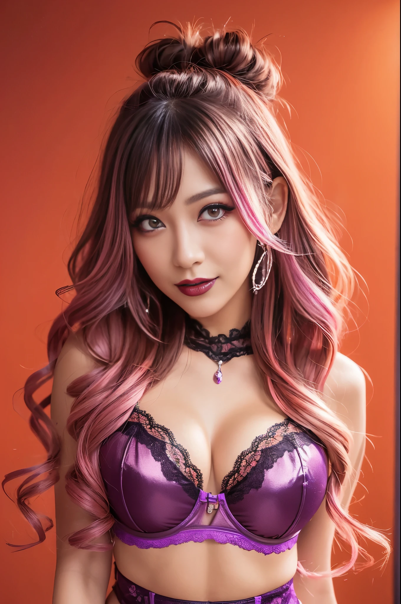 ultra realistic girl, orange and pink ombre background, closeup, lip-gloss, long lashes, lipstick, defined eyebrows, ultra detailed metallic eye-makeup, halloween, goth, gyaru, purple flowing hair, garter belt, cute lack lace underwear, sweet and sexy, seductive pose, smile