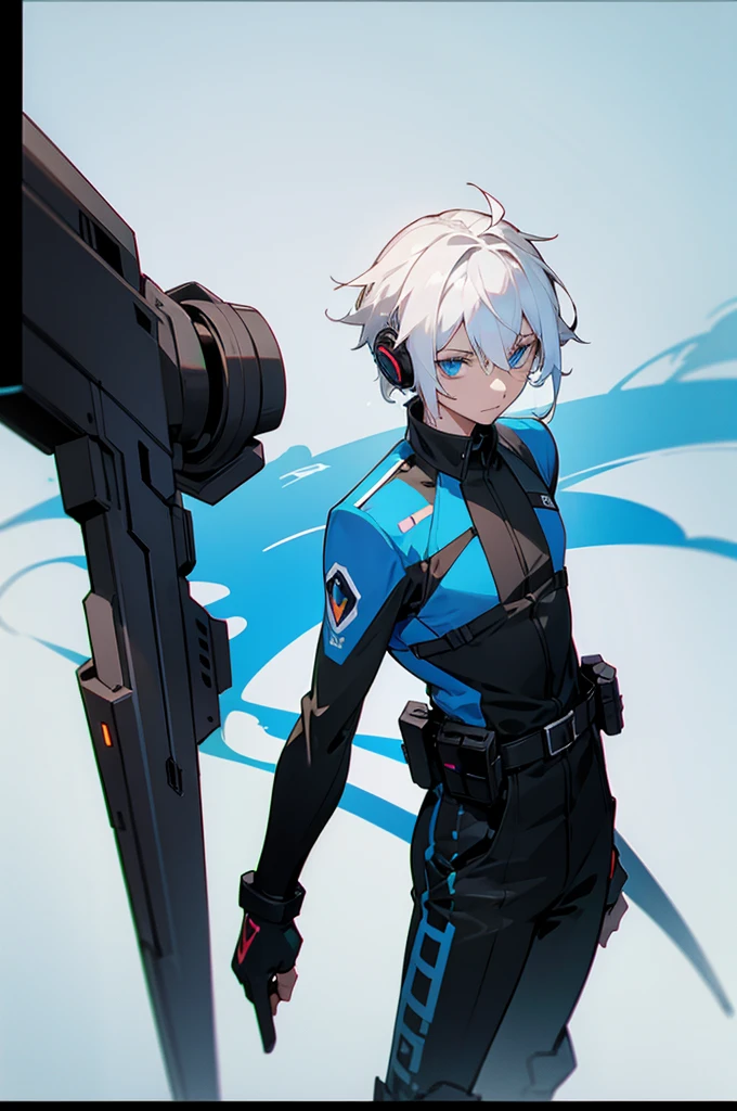 Young adult, Male, white hair, blue Eyes, African American skin color, black jumpsuit, headphones, Trion Body, Armed.