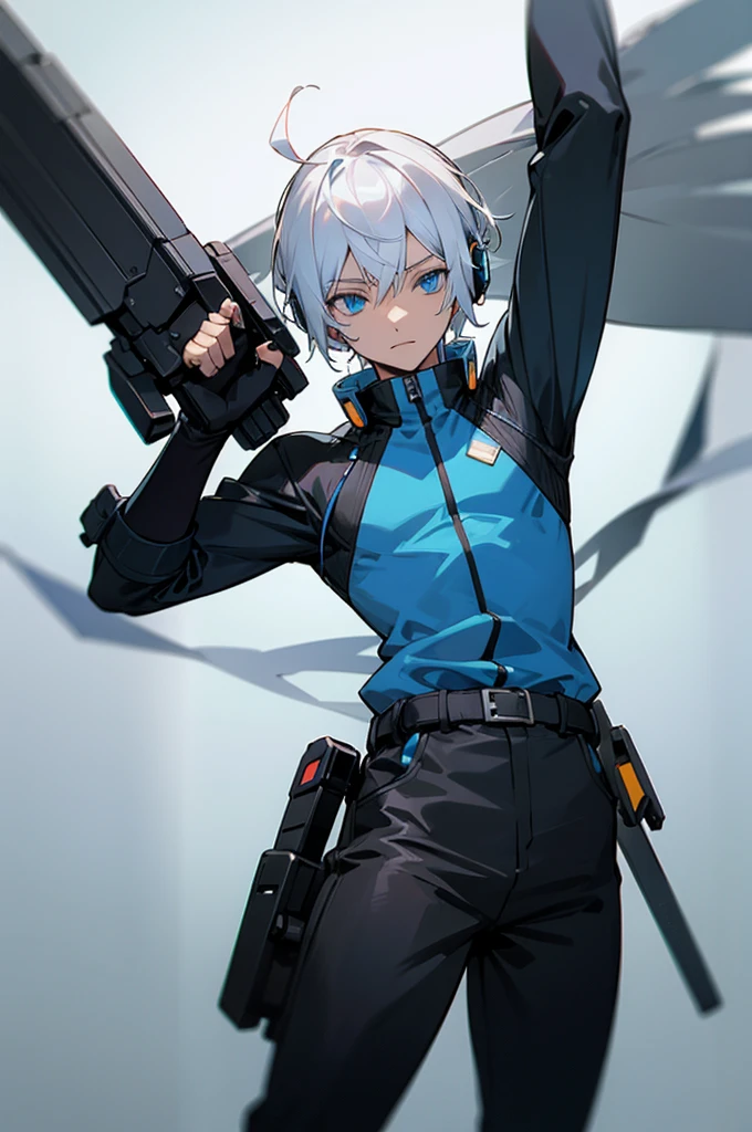 Young adult, Male, white hair, blue Eyes, African American skin color, black jumpsuit, headphones, Trion Body, Armed.
