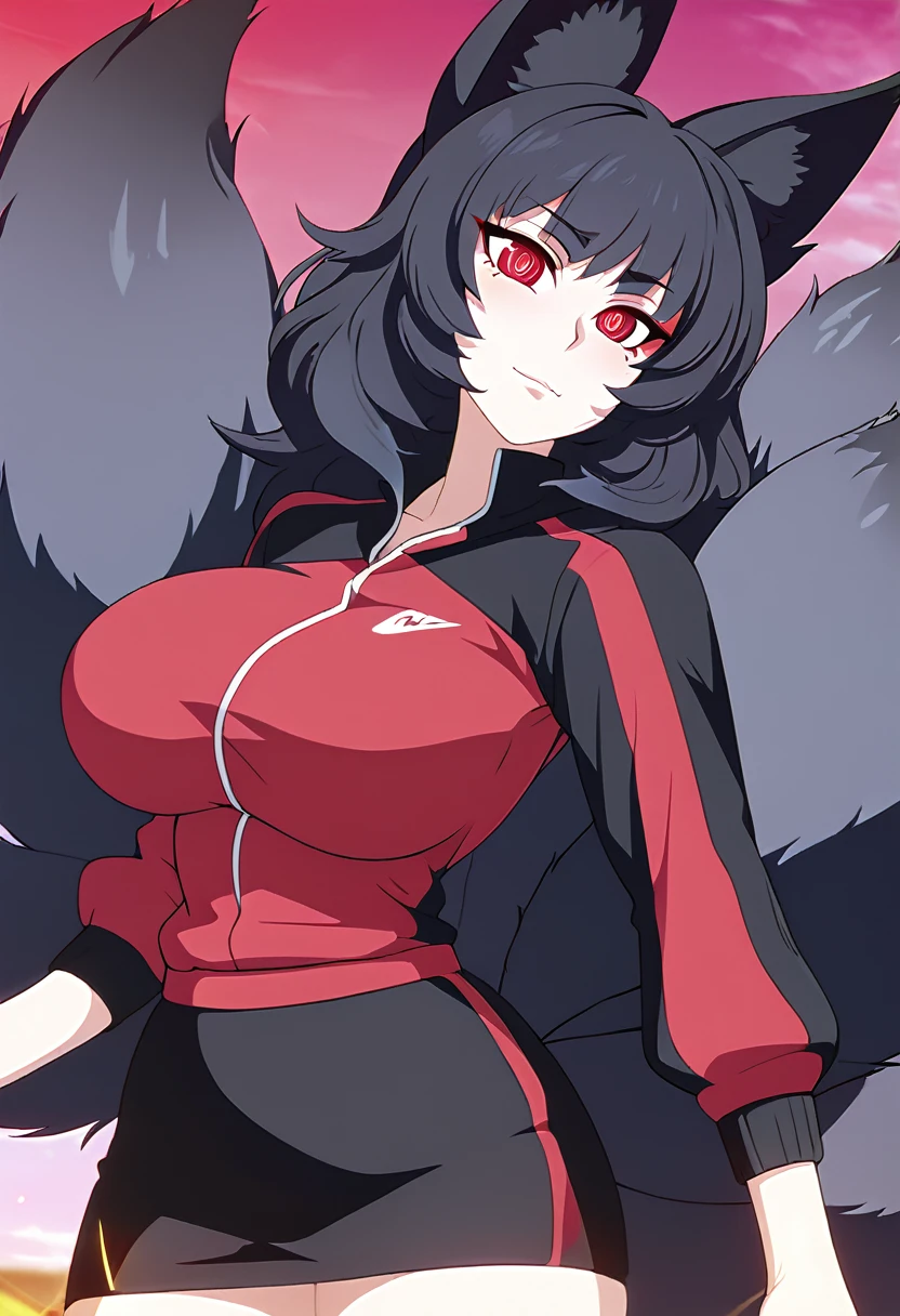 a beautiful detailed black kitsune girl, long black kitsune ears, multiple black kitsune tails, black and red sport outfit, 8k, anime style, red eyes, big breasts, extremely detailed eyes and face, ultra-detailed, 4k, high quality, vibrant colors, long black hair, short skirt, mature woman, wide waist