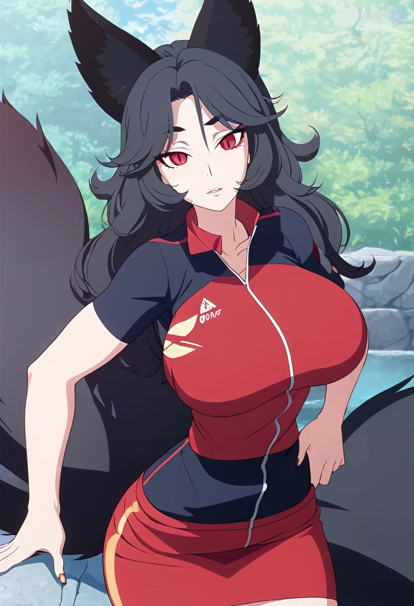 a beautiful detailed black kitsune girl, long black kitsune ears, multiple black kitsune tails, black and red sport outfit, 8k, anime style, red eyes, big breasts, extremely detailed eyes and face, ultra-detailed, 4k, high quality, vibrant colors, long black hair, short skirt, mature woman, wide waist