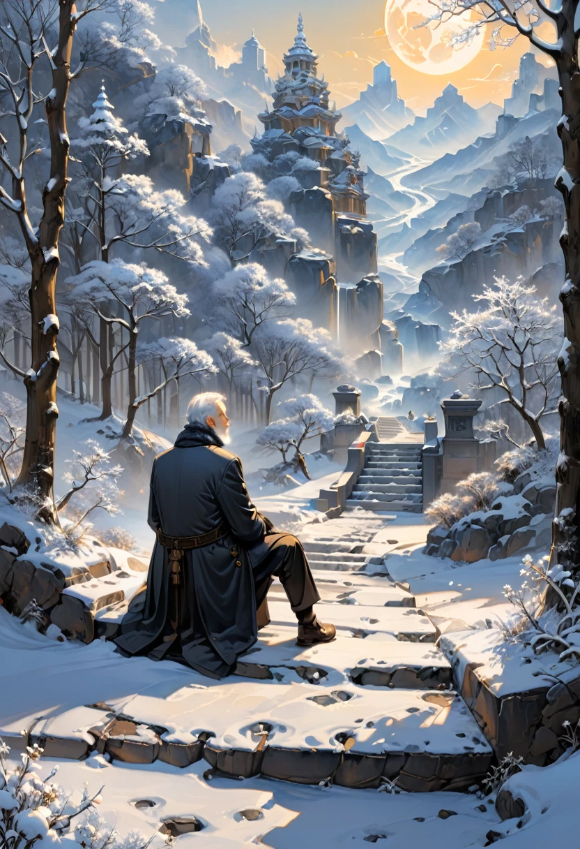 (Back View:1.2), The thinker in the snow, in the winter park, snowflakes fly and cover the earth. The branches are covered with pure white snowflakes, making the whole world exceptionally peaceful and pure. An old man wearing a heavy coat, scarf, and gloves was walking alone in the snow. He held a cane in his hand, and although his steps were slow, each step was firm and powerful. His gaze looked into the distance, as if recalling the past, or perhaps contemplating the meaning of life, (masterpiece, best quality, Professional, perfect composition, very aesthetic, absurdres, ultra-detailed, intricate details:1.3)