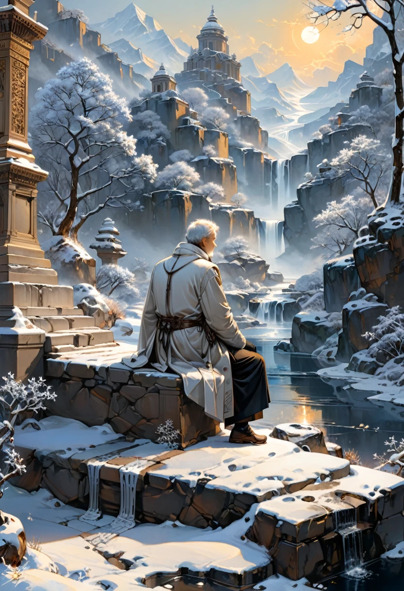 (Back View:1.2), The thinker in the snow, in the winter park, snowflakes fly and cover the earth. The branches are covered with pure white snowflakes, making the whole world exceptionally peaceful and pure. An old man wearing a heavy coat, scarf, and gloves was walking alone in the snow. He held a cane in his hand, and although his steps were slow, each step was firm and powerful. His gaze looked into the distance, as if recalling the past, or perhaps contemplating the meaning of life, (masterpiece, best quality, Professional, perfect composition, very aesthetic, absurdres, ultra-detailed, intricate details:1.3)