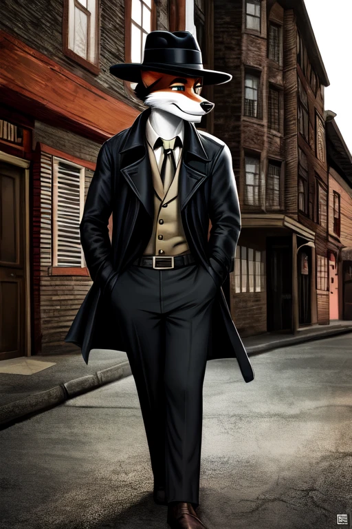 Black furry fox boi with a Fedora and trench coat holding a tommy gun in a old black and white busty detective town with only 1960s cars