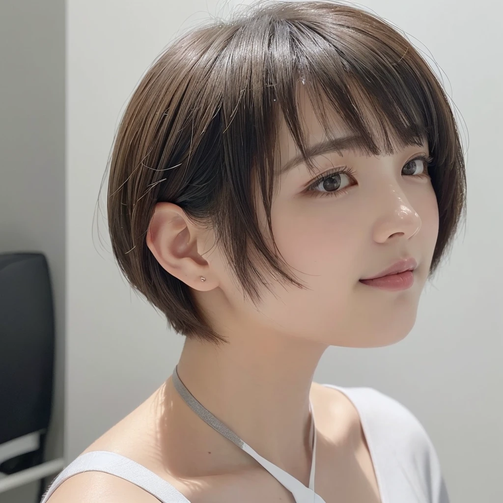 (short-hair:1.6)、(clean, Short hair:1.5)、Ear hook short、(Non-bouncing neckline:1.2)、The upper part of the body、 (1 Japan Woman:1.2)、With bangs、(tight shorthair:1.2)、hiquality、realphoto、(Shooting with iPhone 14 pro:1.1)、((Plain light grey walls))、Photos that look like real people、(Grey white background:1.3)、tshirts、Fashionable clothes、Brown hair、sideways Facing、(profile:1.2)、(Face in the center of the photo:1.2)、(Take a step away:1.2)、(Beautiful eyes:1.1)、(A slight smil:1.1)、face angle(Face Angle Sideways))))、hair style、Beauty Salon、Korea Trends、