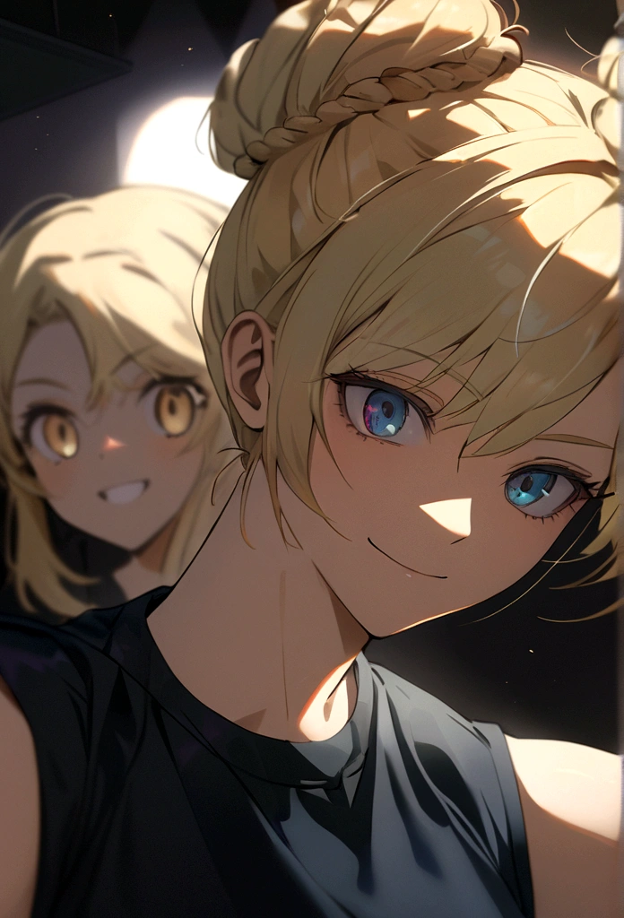 an eye contact of a blond with bun hair and dark theme in gym with smile 