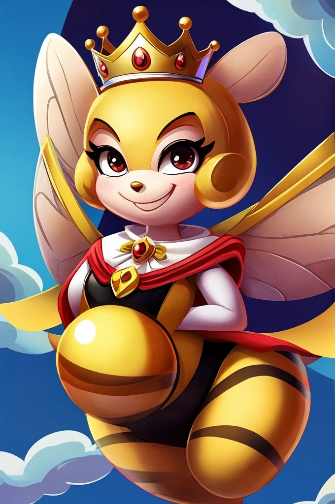 This cartoon illustration depicts a queen bee with a mischievous expression. She is wearing a crown and a cape, and her wings are spread out. The overall style of the image is playful and lighthearted. The bee's expression, with her winking eye and smirk, suggests that she is up to something. The image is likely to inspire feelings of amusement and lightheartedness.