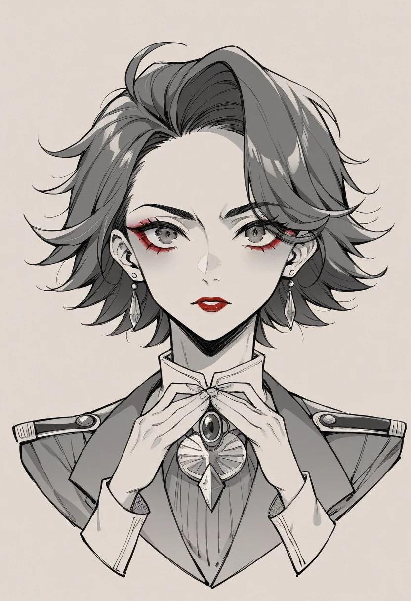 Garota anime com um vestido vermelho de alcinha, your hair half forward half back. She also has her arms crossed looking in front of her. She has red lipstick and light makeup.. Ela tem cabelo preto ondulado e sua pele e clara