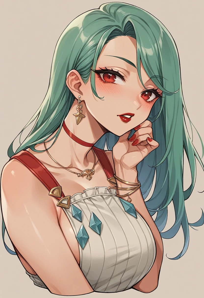 Garota anime com um vestido vermelho de alcinha, your hair half forward half back. She also has her arms crossed looking in front of her. She has red lipstick and light makeup.. Ela tem cabelo preto ondulado e sua pele e clara