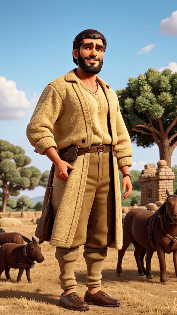 Characters: Job, Description: a robust-looking man of 49 years young from hard work, restored and blessed, Era: ancient biblical times, Clothing: traditional Middle Eastern attire, Location: a lush and prosperous land, Action: celebrating with his new family and wealth, Background: vibrant fields and numerous livestock, Shot type: wide shot, Style: hyper-realistic, photo realism, cinematography