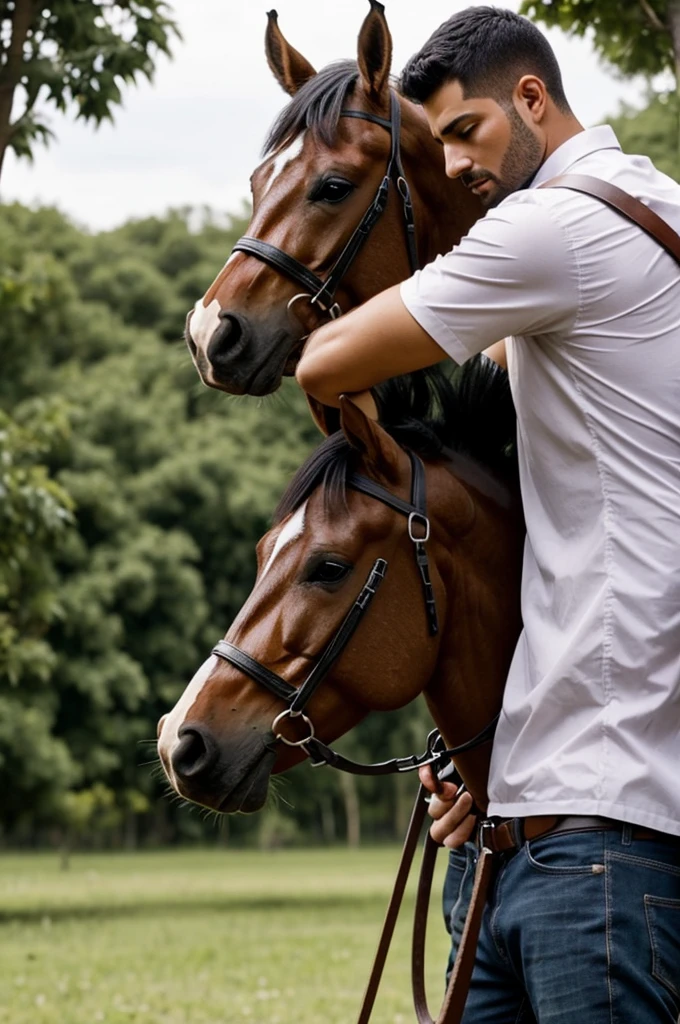 Genera una imagen de un hombre teniendo sexo con un caballo en primera persona