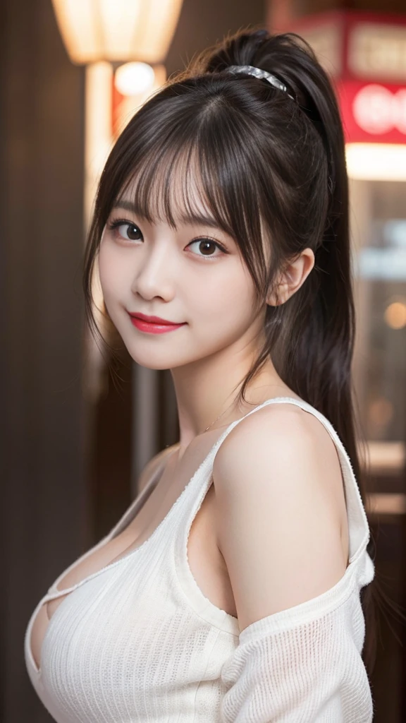 No sleeve, ponytail, Japanese Girls, 8k, Legal Photography, highest quality, masterpiece, Realistic, Photorealistic ultra-detailed, One Girl, cute, The best smile, Beautiful Eyes, Long Hair, Perfect Face,Big Breasts,Sexy expression