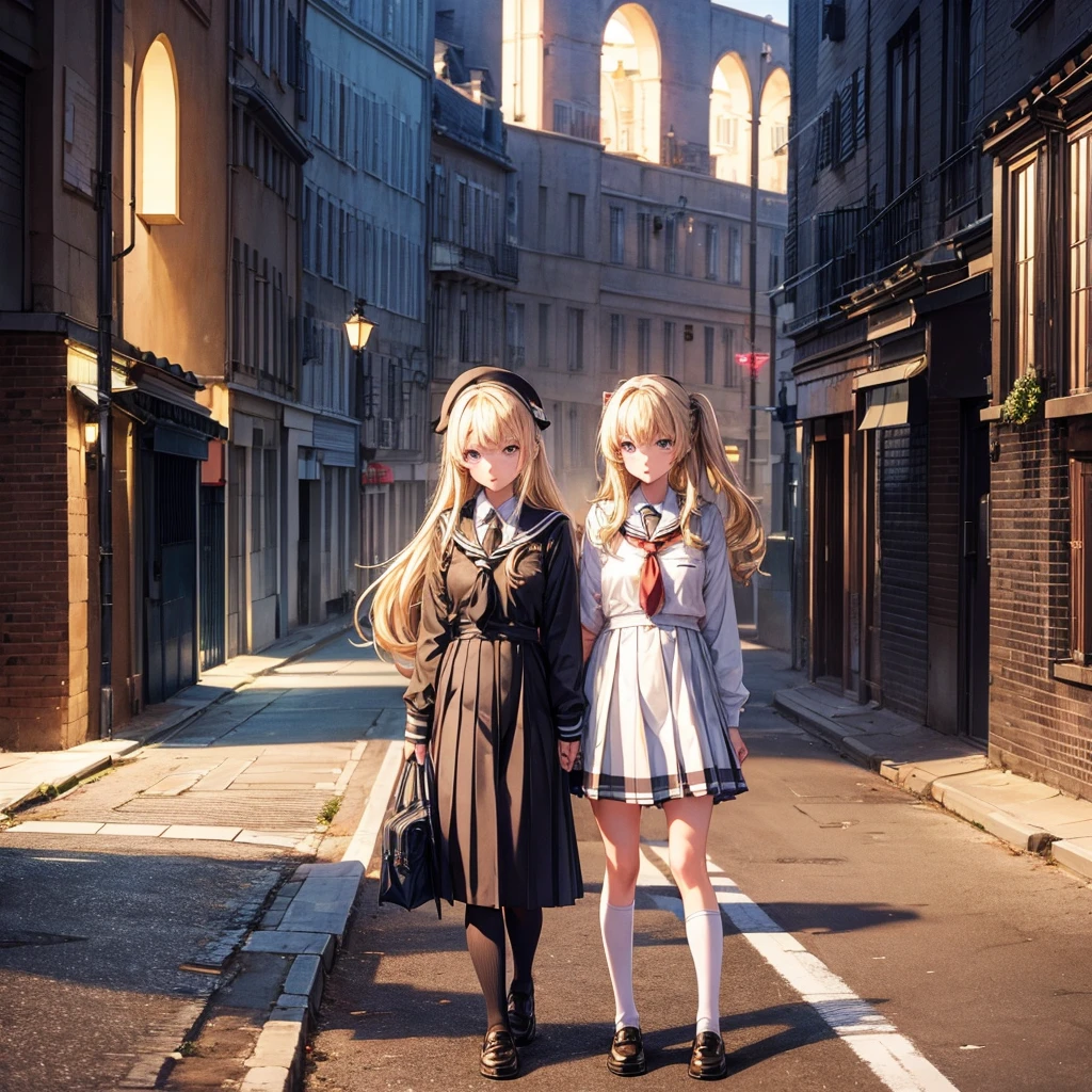 2 Filles, 14 ans, 150cm , blondes, girls outfit, sexy, timides, s'embrassent, dans la rue, sous une nuit noire, sous un lampadaire, il pleut,