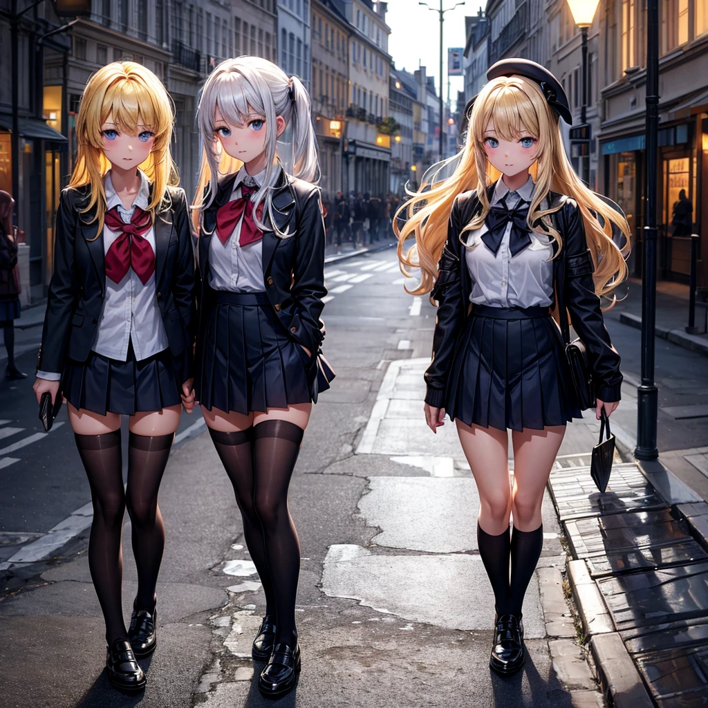 2 Filles, 14 ans, 150cm , blondes, schoolgirls outfit, sexy, timides, s'embrassent, dans la rue, sous une nuit noire, sous un lampadaire, il pleut,