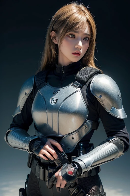 (masterpiece, high quality, lifelike, Ultra realistic, Remarkably high quality, photorealistic:1.5), Anime Woman Wearing a combat Body Armor Bulletproof vest minimalist logo design bright colors, high quality, extreme quality, super detailed