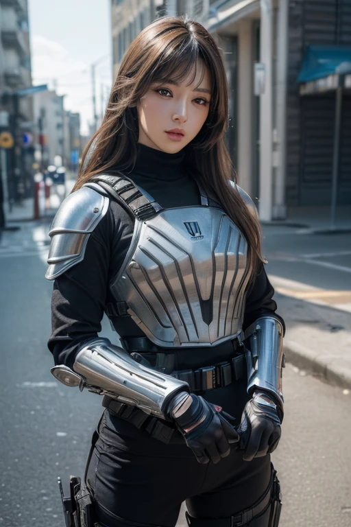(masterpiece, high quality, lifelike, Ultra realistic, Remarkably high quality, photorealistic:1.5), Anime Woman Wearing a combat Body Armor Bulletproof vest minimalist logo design bright colors, high quality, extreme quality, super detailed