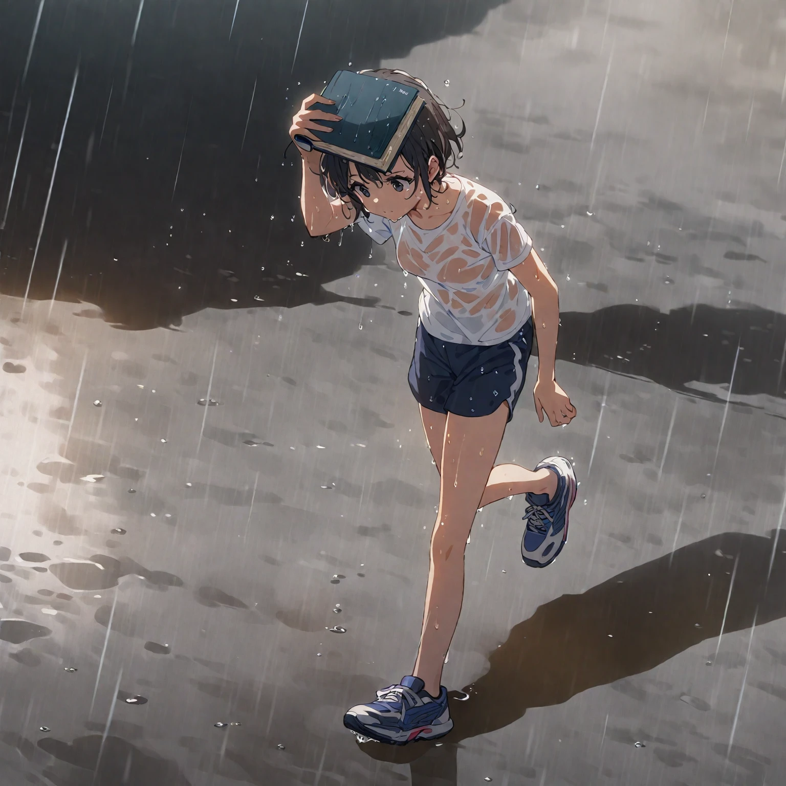 1girl、Shadow、strobe、Covering head with Closed book, short hair, t-shirt, shorts, sneakers、Closed books , running, rain 、Wet clothes, wet hair, puddles、perfect hands、faint light、deep shadowasterpiece