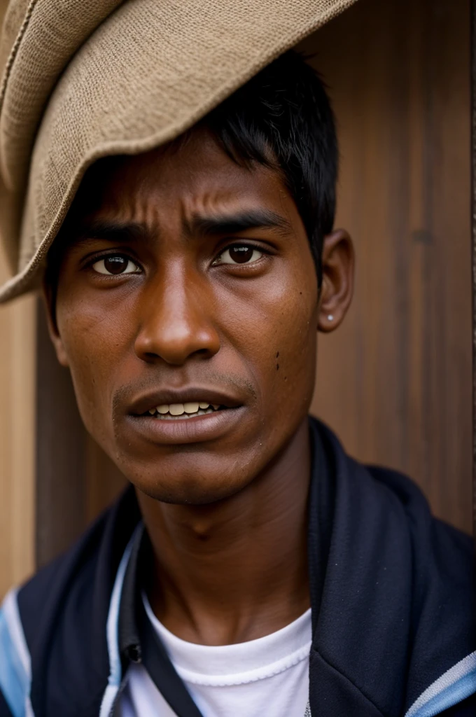 Showing hateful faces in a university student with poverty in Peru who is dark-skinned man 