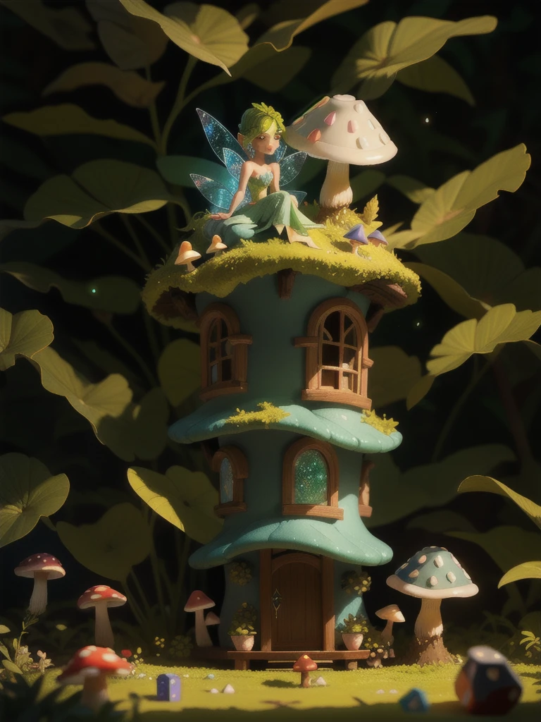 3d printable dice tower, a tall fairy house, fantasy, high quality, masterpiece, fairies, mushroom house, glow, light flecks, greenery, ultra detailed, extreme small details, 1 fairy, beautiful detailed eyes, beautiful detailed lips, extremely detailed face, long eyelashes, female fairy, whimsical, mysterious, magical, wooden texture, intricate patterns, lush foliage, soft lighting, warm colors, glowing mushrooms, sparkling particles, dreamlike, enchanting, professional, photorealistic