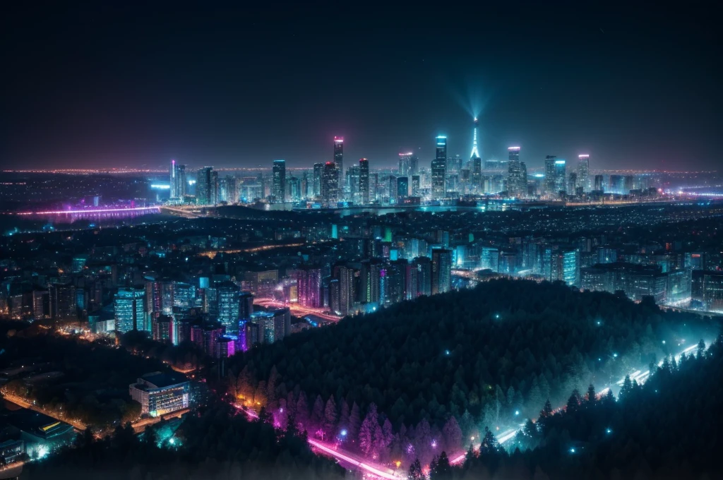 wonderfull landsape with dreaming forest at night, we can see a huge buildings of a cyberpunk city in far . foggy, dreaming, lights pink and blue