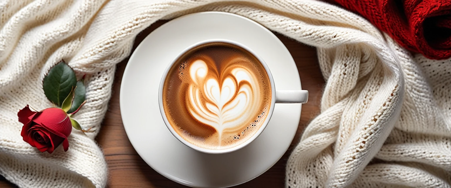 Best Still Life Composition,There is slight smoke in the white ceramic cup.Artist coffee impression.White woolen scarf,clear texture,Place randomly,Sophisticated and elegant.A fresh red rose laid flat from above(Lying flat on the table).latté.modern style.Super detailed.Natural light and shadow.No humans.Ultra wide angle, Fresh and bright light and shadow.Excellent composition