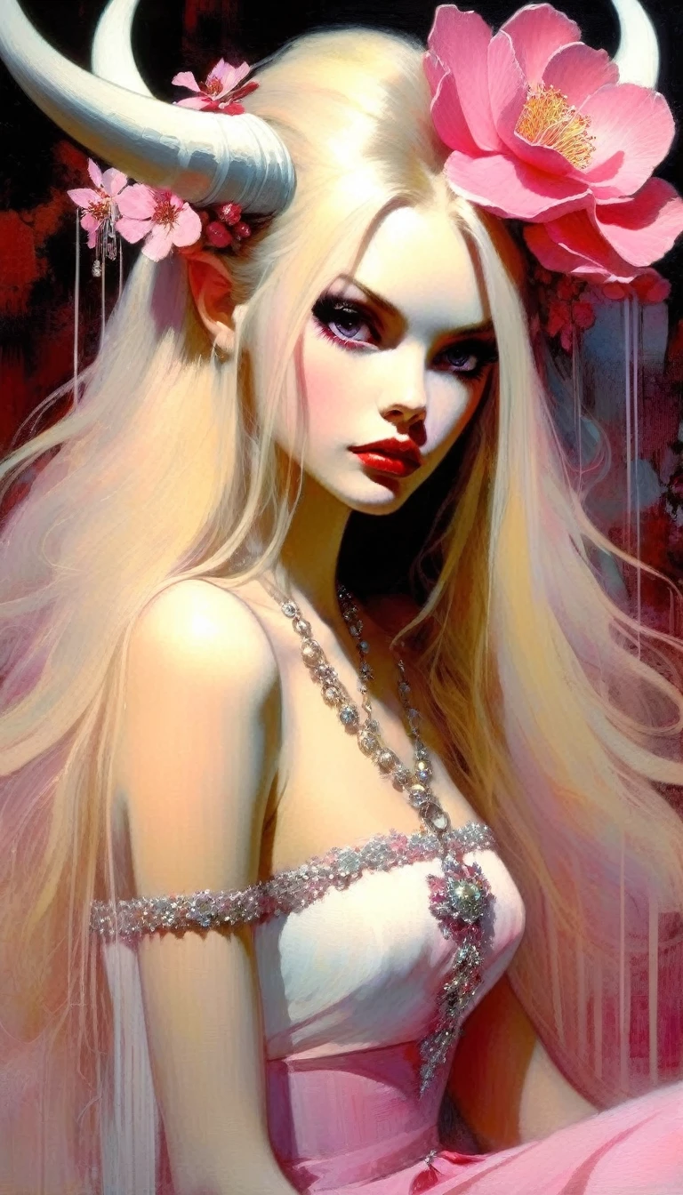 1girl, solo, alone, pink eyes, long hair, blonde hair, pink dress, flower, camellia, jewelry, nail polish, ring, hair ornament, flower ornaments, pink nails, White hell, masterpiece, best quality, white hell, red horns, sakura pedals in hair,(art inspired by Bill Sienkiewicz). oil painting, details of brush strokes that enhance depth)
