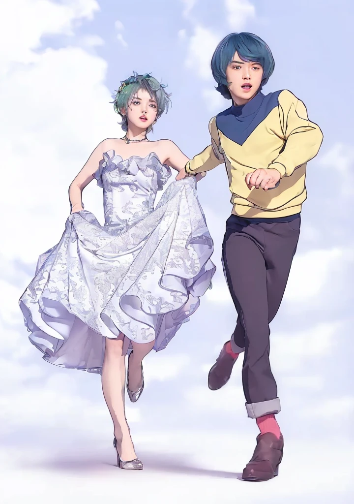 ((Masterpiece:1.3)、(8K、Photorealistic、Raw photo、highest quality: 1.4)、(Esbian all over:1.2)、((Wide-angle full-body shot))、A with short lime green hair wearing a silver dress、A 17-year-old boy with medium-length blue and gray hair