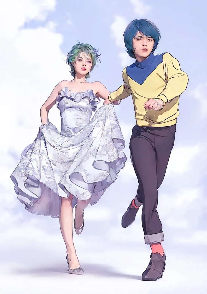 ((Masterpiece:1.3)、(8K、Photorealistic、Raw photo、highest quality: 1.4)、(Esbian all over:1.2)、((Wide-angle full-body shot))、A with short lime green hair wearing a silver dress、A 17-year-old boy with medium-length blue and gray hair