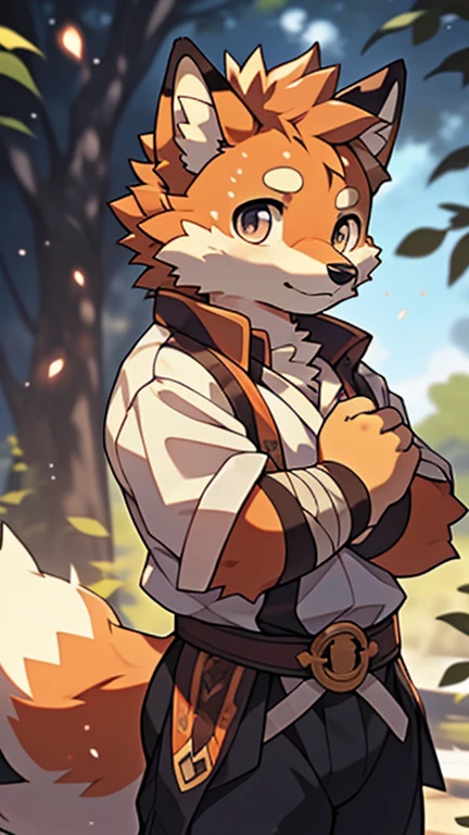 masterpiece,Official Art,hairy,male,Shota,Anthropomorphic orange fox,Brown face,Exquisite eyes,White shirt, Depth of Field, Perfect lighting, Light Particles,(best quality),(masterpiece),(Super detailed),Clear focus,Light Particles,Hand bandage,(whole body)