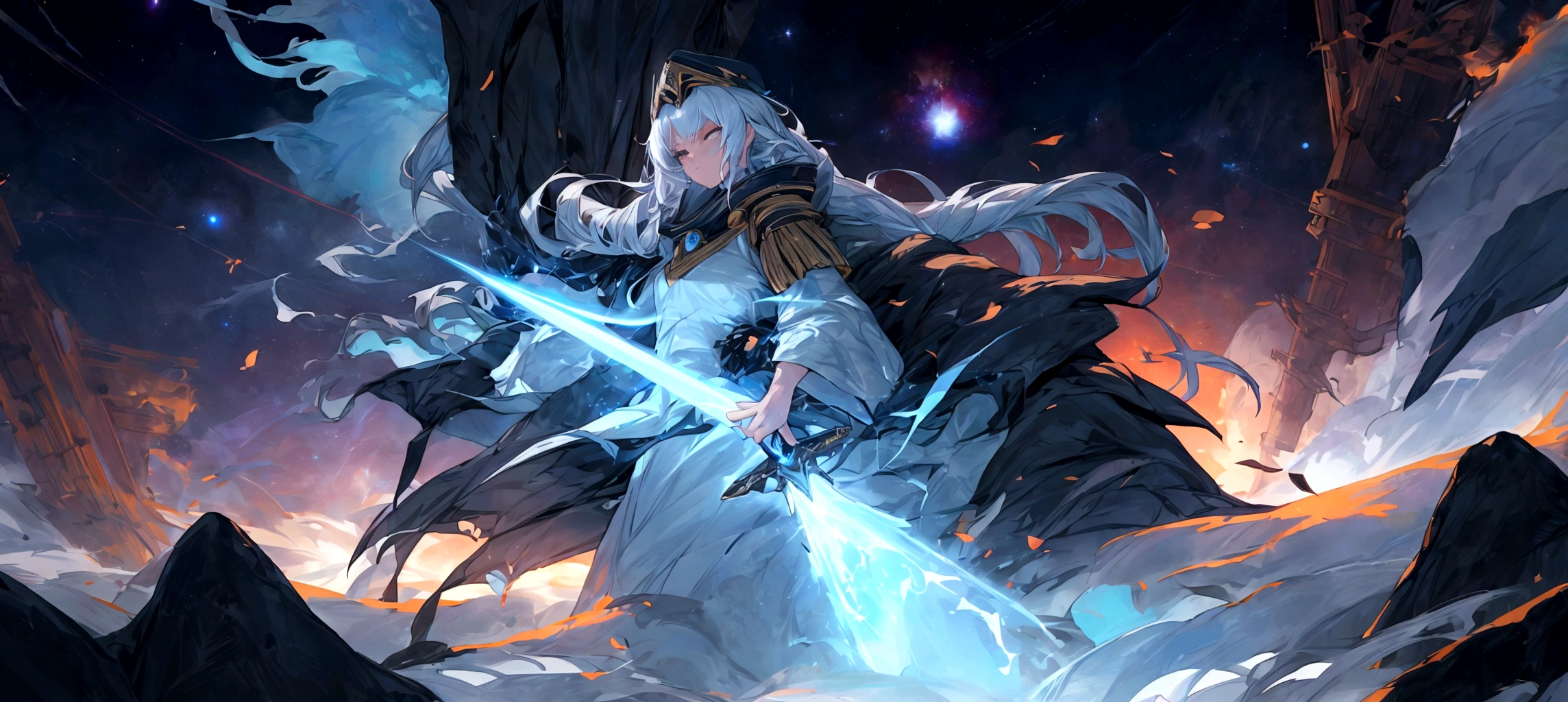 Picture a scene steeped in the depths of space science fiction warfare, where a female commander emerges as the embodiment of resilience and command. Her presence is striking, with white hair that cascades like a cosmic waterfall, tinged with a subtle shade of glowing blue, reminiscent of the distant nebulas. She stands boldly in the midst of an burned interstellar conflict to punish the wicked, her advanced space uniform pristine and decorated with the emblems of her esteemed position as a commander. The commander’s hat she wears is not just a piece of attire but a symbol of her earned authority. Clutched in her grasp is a mystical sword, its blade alight with an ethereal flame that whispers of ancient power and forgotten lore. As she raises the sword, it seems to resonate with the energy of the cosmos itself. Behind her, the theater of war is set against the breathtaking backdrop of a contact binary star system, its twin suns weaving a dance of light spark and gravity that illuminates the void. Their connection forges a radiant arc across the sky, a bridge between worlds and a beacon in the tumultuous dark. This image seeks to capture the commander’s indomitable spirit, the fierce beauty of her unique appearance, and the grandeur of the universe that serves as the stage for this epic saga