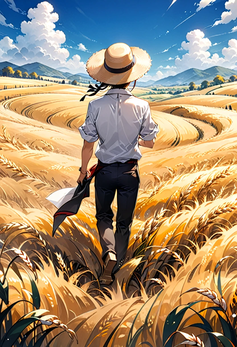 (Back View:1.4), The farmers in the fields, in the golden wheat fields, the gentle breeze blows, causing layers of waves. In the distance, there are undulating hills, and the sky is deep blue. A few white clouds float leisurely. A farmer wearing a straw hat, a short sleeved shirt, and long pants is bending down to harvest ripe wheat ears. His movements are skilled and rhythmic, (masterpiece, best quality, Professional, perfect composition, very aesthetic, absurdres, ultra-detailed, intricate details:1.3)