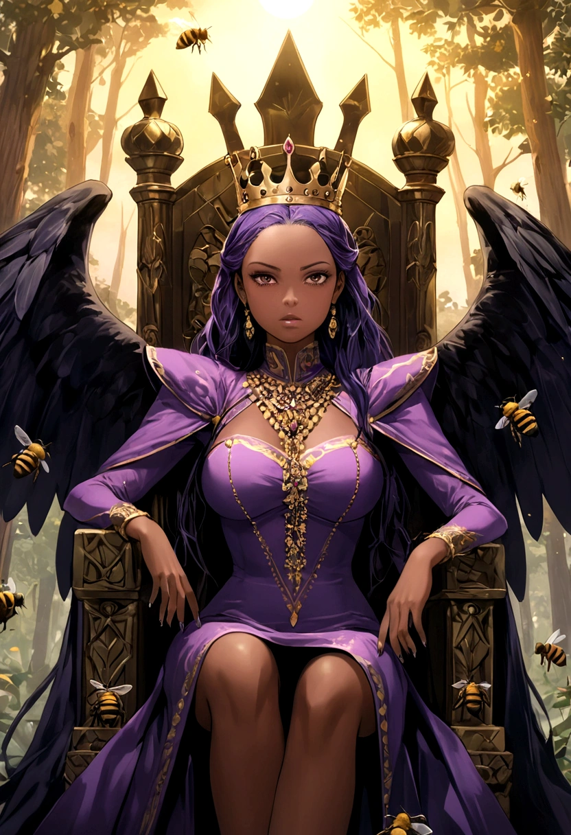1 crowned queen sitting on a throne, dark skin, purple clothes, purple hair drills, tight dress, bees flying around, forest backgroung, sunset, throne, busty, imposing scary expression, looking down