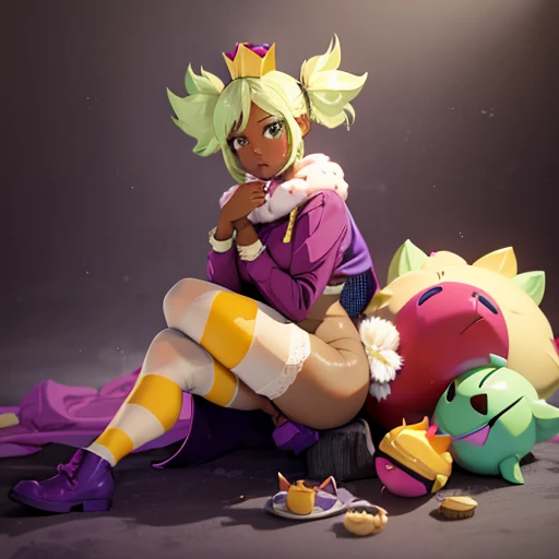mandyBS, solo, 1girl, dark skin, dark-skinned female, green hair, blonde hair, short hair, short twintails, mini crown, cape, , wearing Lingerie, striped thigh highs, shoes, purple footwear,y body, curvy butmall breast 