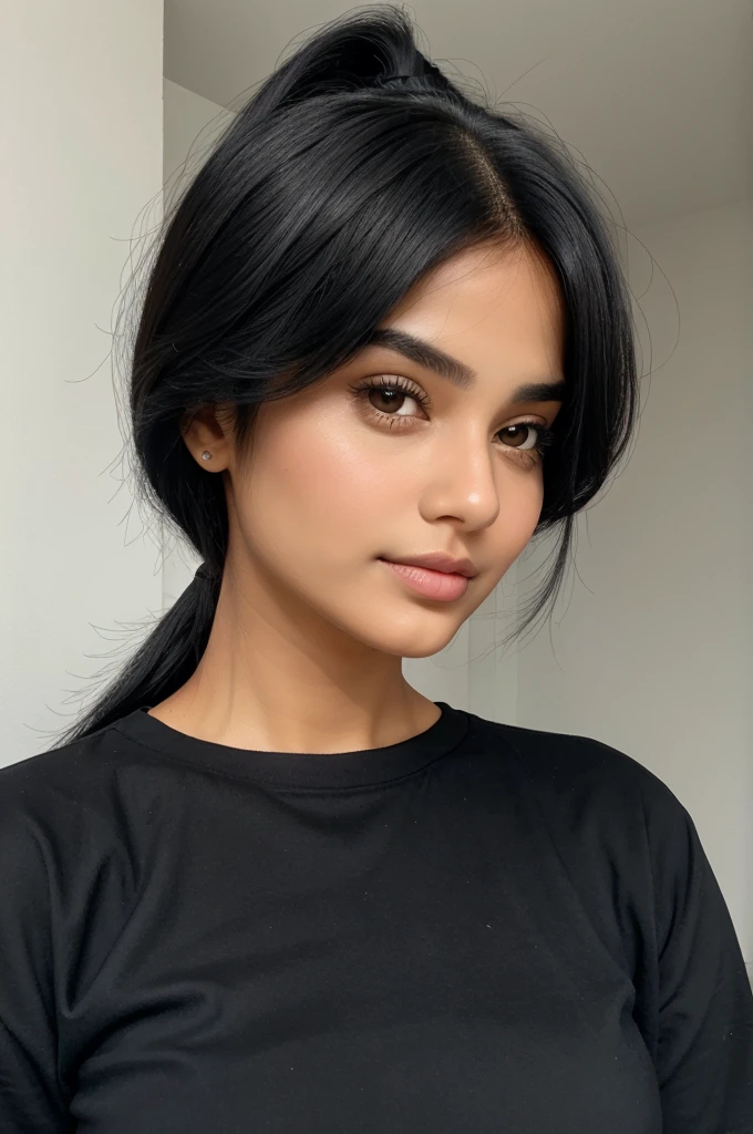 Oval face shape girl in light dark toon black hair indian