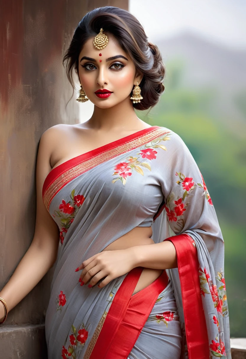 full body view perfect pink eyes, fantastic face, Indian, beautiful look, ((red lips, bright eyes, curve heir 1.5)), ((beautiful details very big breast )), (Straight round and ultra huge clevage, not sagging breast), A glorious gorgeous, glorious gorgeous face, pretty face, bright eyes, detailed elegant printed red saree, updo elegant hair, blurred gray tones background, ultra focus, face ilumined, face detailed, 8k resolution, painted, dry brush, brush strokes, razumov style and garmash style, by Tokaito,  ((Full Open )), full body, sexy open thin belly, upper body part totally naked 