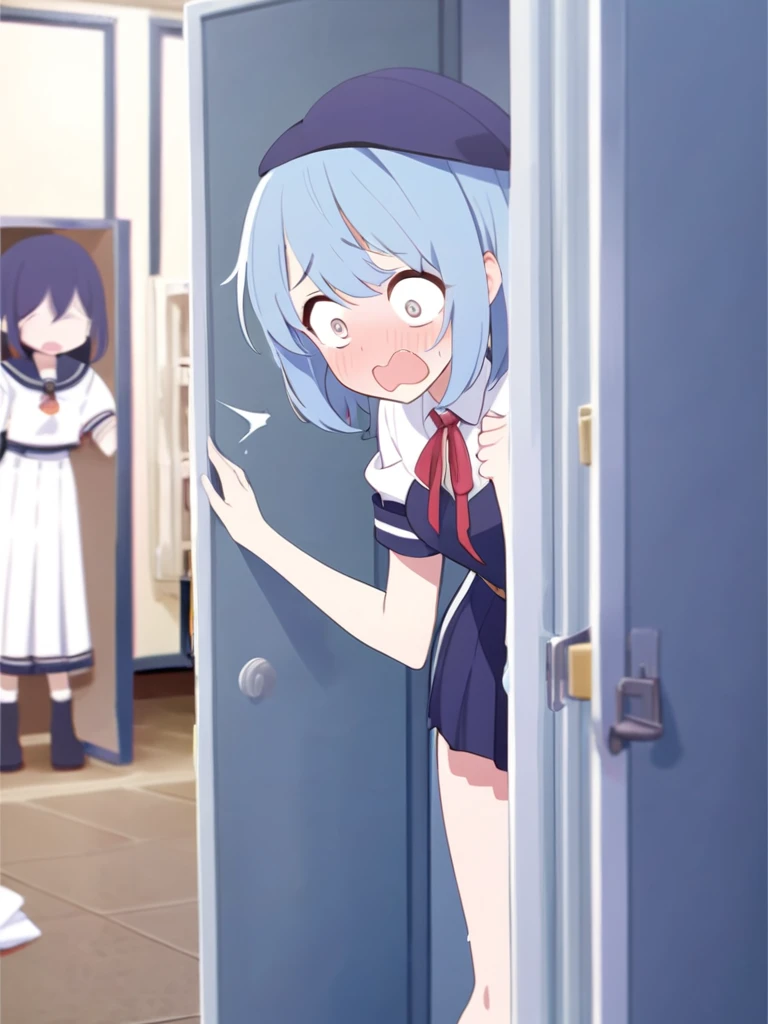 A girl wearing a uniform、In the locker room、Blue Hair、Small breasts、Taking clothes out of the locker、Surprised