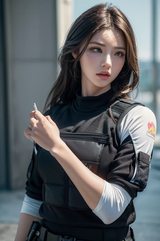 (masterpiece, high quality, lifelike, Ultra realistic, Remarkably high quality, photorealistic:1.5), Anime Woman Wearing a combat Body Armor Bulletproof vest minimalist logo design bright colors, high quality, extreme quality, super detailed